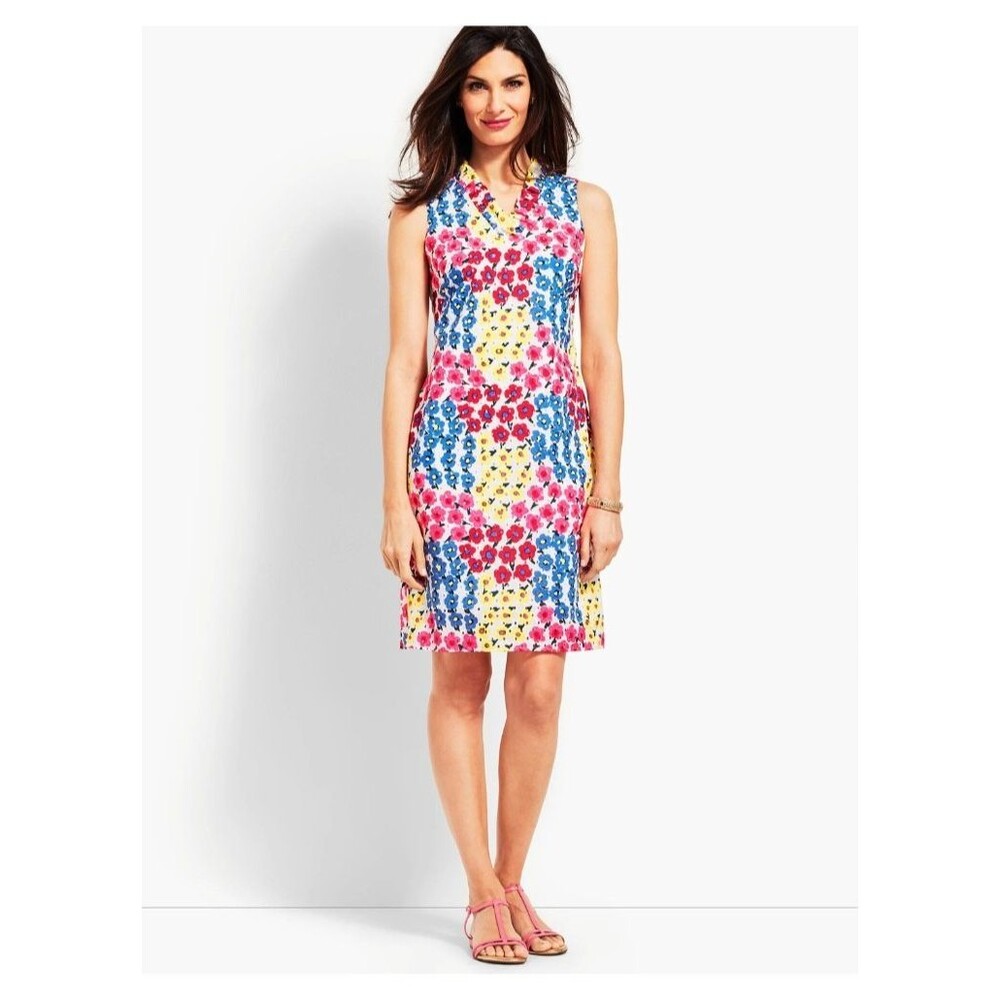 TALBOTS Vintage Floral Ruffle Neck Shift Dress 12 Multicolor Eyelet Sleeveless